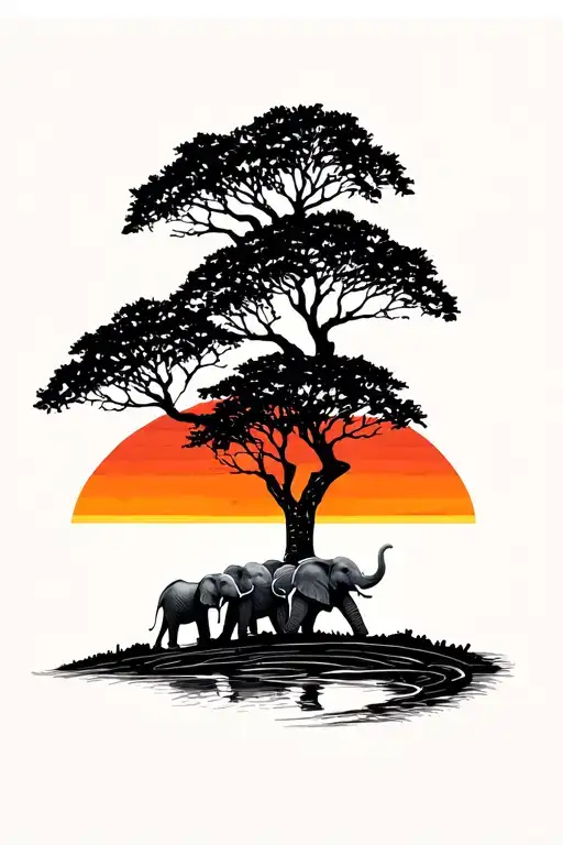 3 Elephants Walking A Sunset With Tree