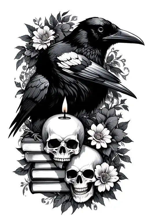 Raven With Books A Skull And A Candle With Flowers