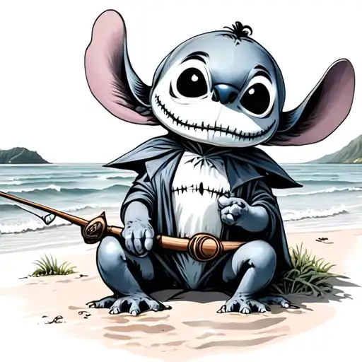 Baby Stitch On Beach Fishing In Jack Skellington Costume