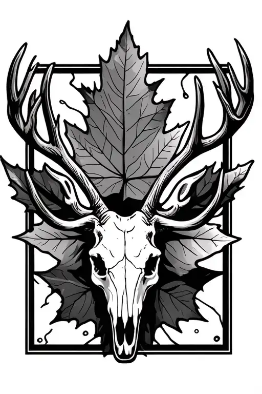 Maple Leaf With Buck Elk Skull With Antlers