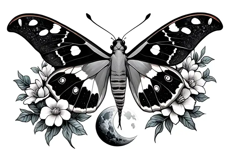 Luna Moth With Flowers And Cresent Moon