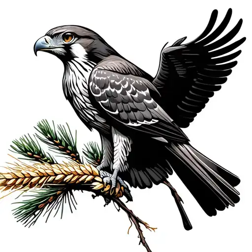 Simple Falcon With Wheat In Its Mouth On A Pine Tree