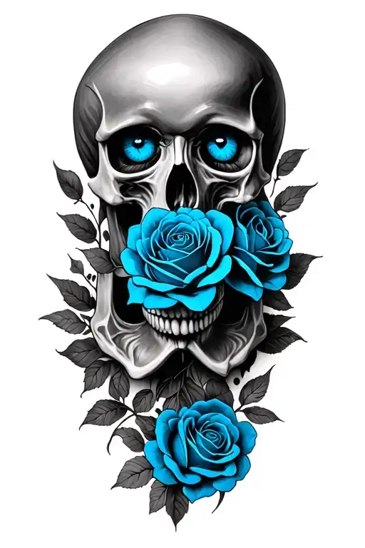 Skull With Blue Eyes And Blue Roses Intertwined