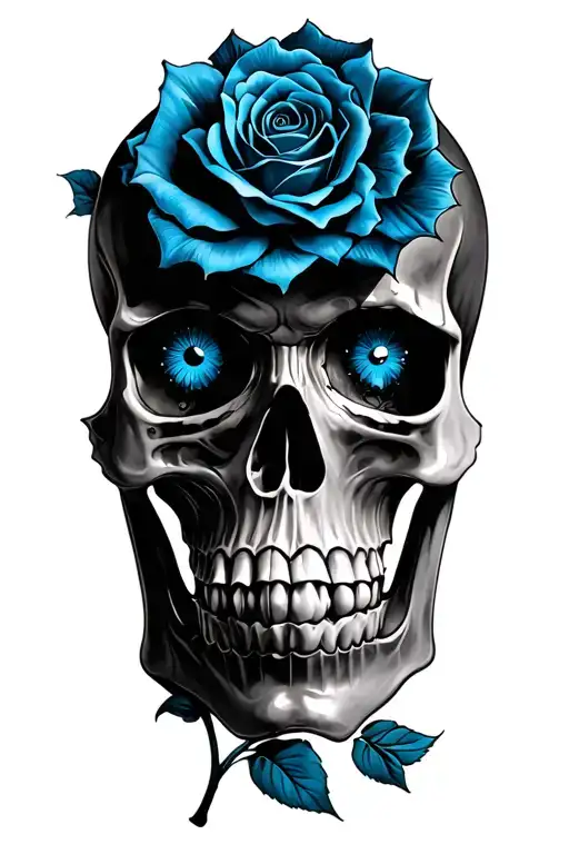 Skull With Blue Eyes And Blue Roses