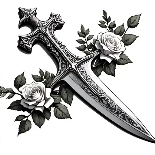 Sword In The Shape Of A Religuos Christian Cross With Roses Growing Around It