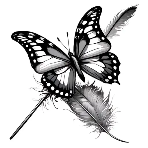 A Butterfly Above A Feather Quill Scrawling Line