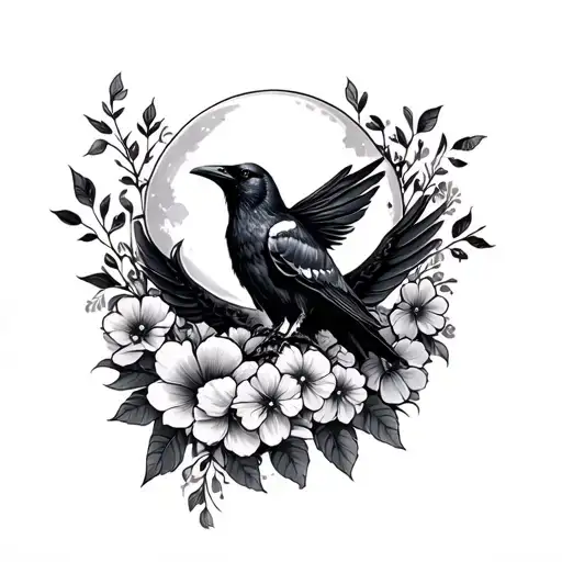 Raven With Moon And Flowers