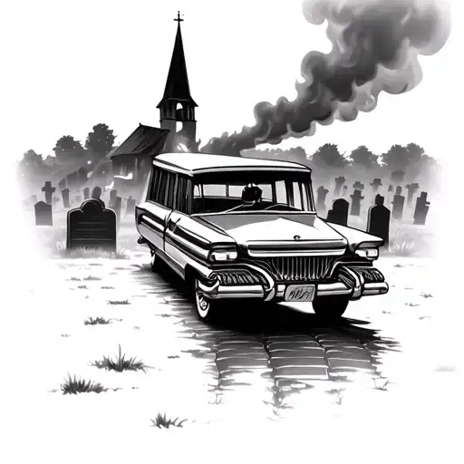 Hearse In Foreground Of Graveyard With Burning Church In Background