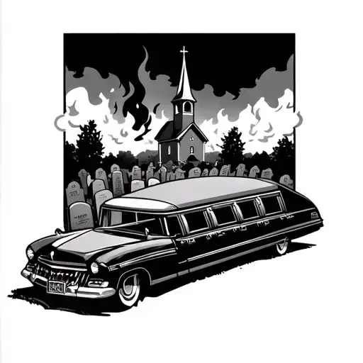 Hearse In Foreground Of Graveyard With Burning Church In Background