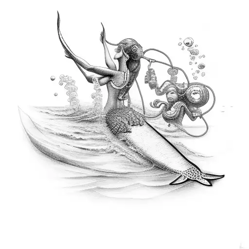 Diver With A Mermaid Around