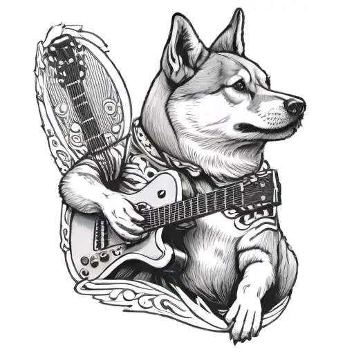 A Shiba Inu Dog Playing A Guitar With A Family Portrait In The Background