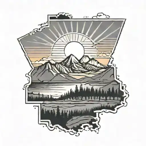 Arkansas Outline With Mountains And Sun Rising