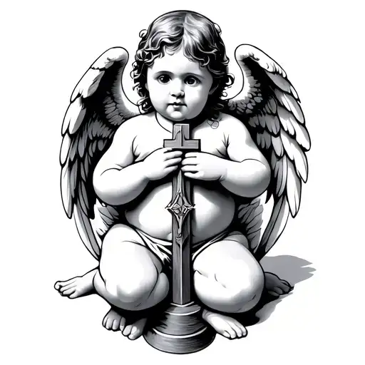 Baby Angel On Knees Holding Cross In The Middle