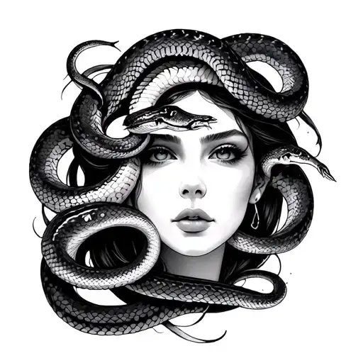 Female Face And Snakes Intertwined