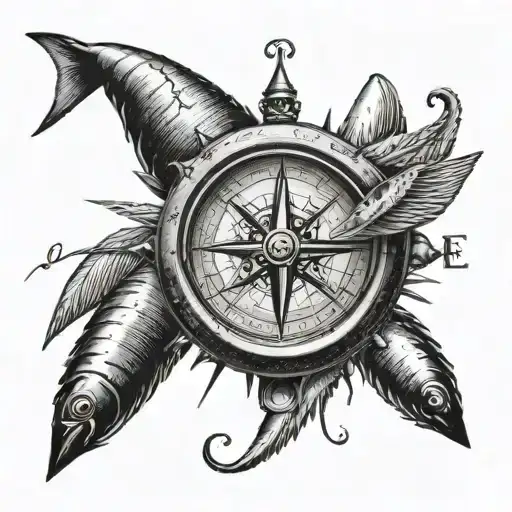 A Black-grey Tattoo Of A Compass Surrounded By Sardines
