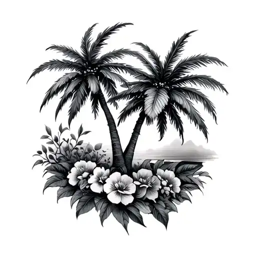 Palm Tree And Flowers Surrounding