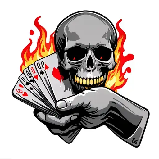 Skull Hand Holding Cards That Are On Fire With A Bullet Hole