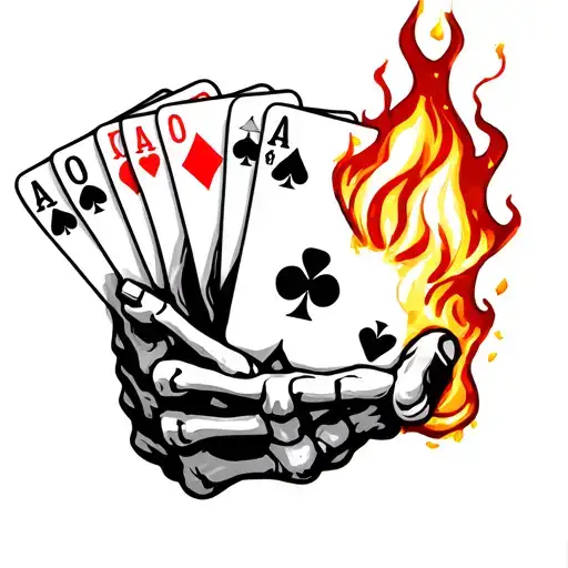 Skeleton Hand Holding Cards That Are On Fire With A Bullet Hole