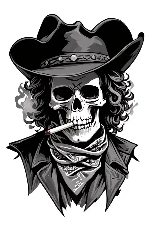 Skeleton Wearing A Cowboy Hat And Wearing A Neck Bandana Smoking A Cigarette