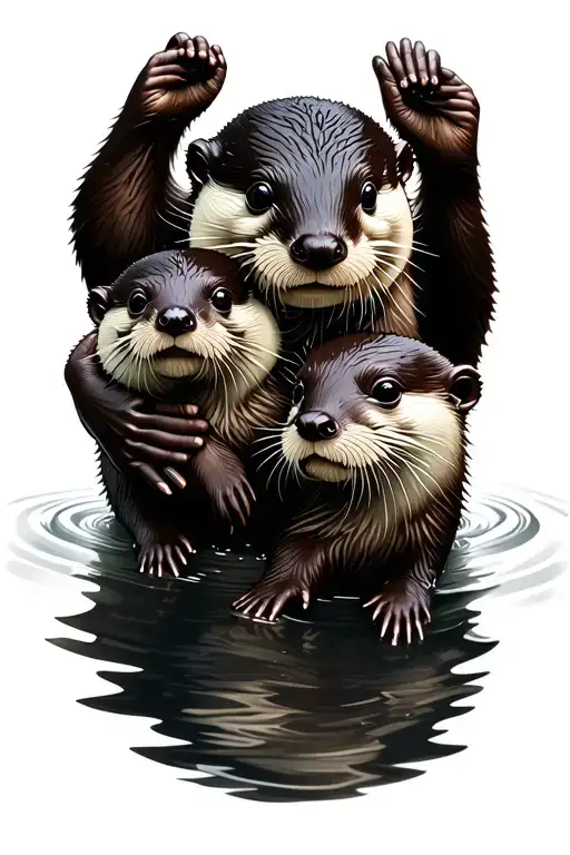 An Adult Otter Holding Two Baby Otters Swimming