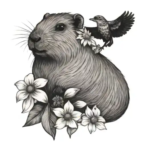 Capybara Holding A Daisy Flower With Woodpecker On It The Capybara