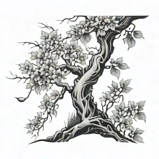 Beech Tree With A Twisting Spine And Flowers Coming Off Branches With Grass Underneath