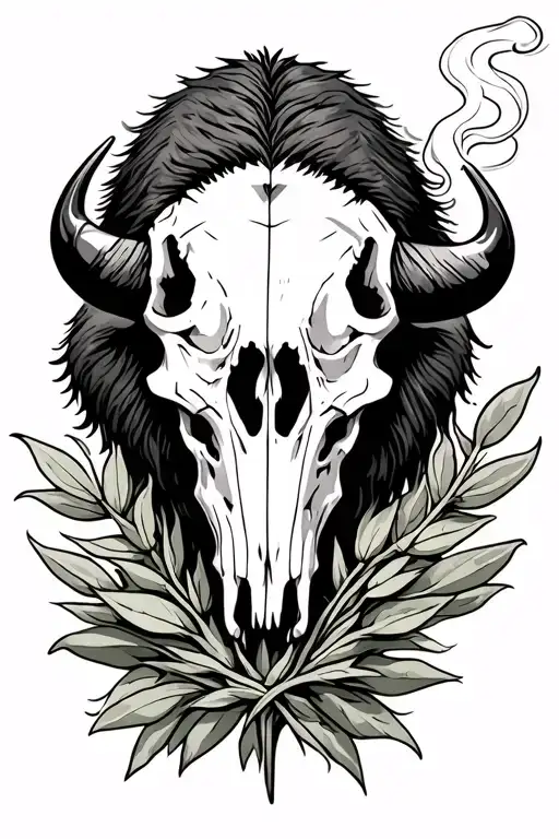 Bison Skull And Smoking Sage Bundle Black White Tattoo Design