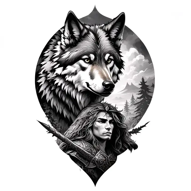 A Wolf With Warrior In Nature Scene