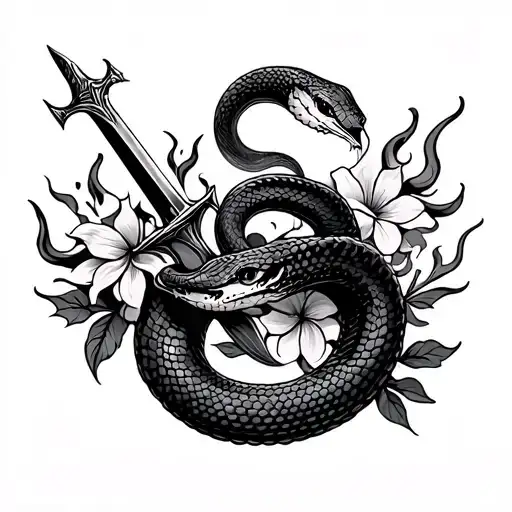 Snake With Flaming Sword And Flowers Intertwined