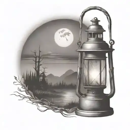 Old Lantern With Landscape Stary Night