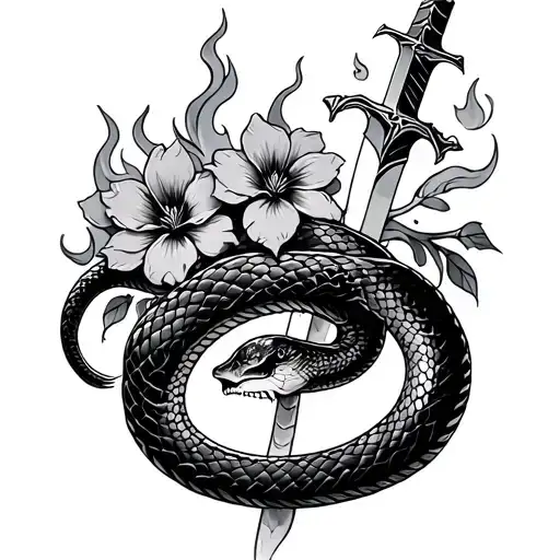 Snake With Flaming Sword And Flowers Intertwined