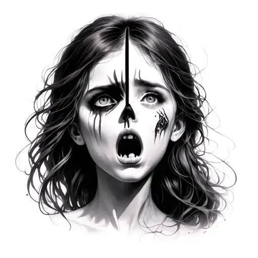 Realism Girl Split Face Emotions One Scream And Cry