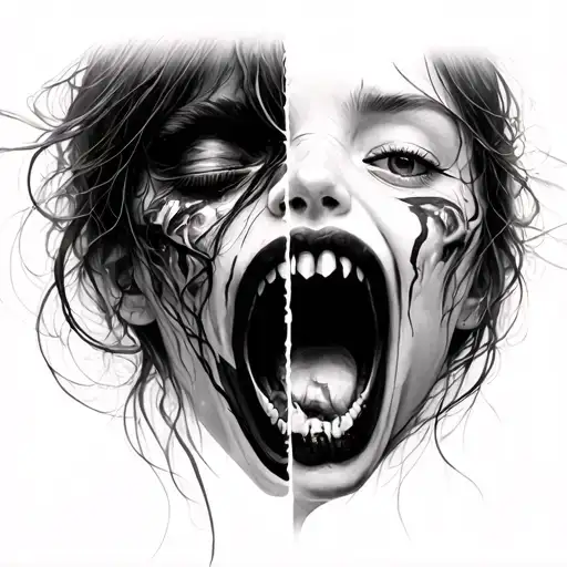 Realism Girl Split Face Emotions One Scream And Cry