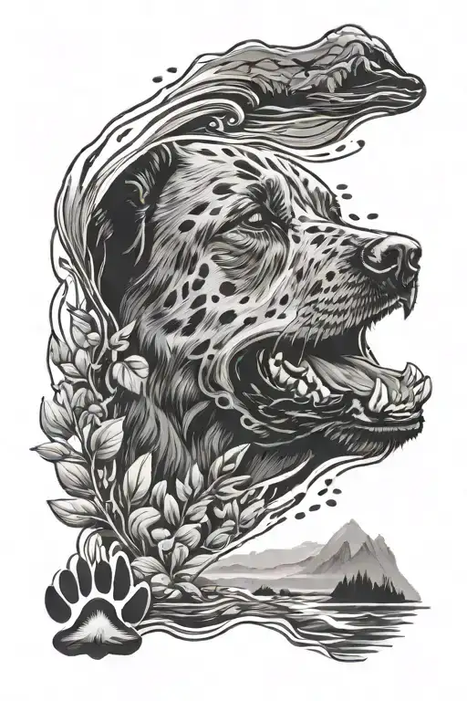 Dog Paw Print And Dog Nose Print Surrounded By Water And Nature