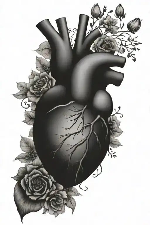 Anatomical Heart Surrounded By Big Flowers