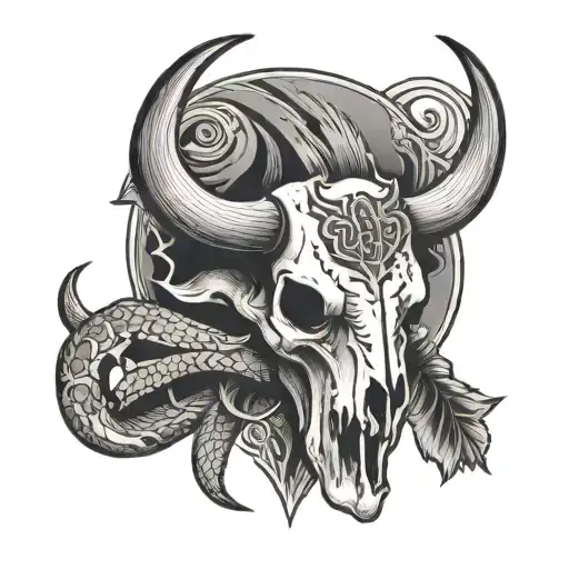 Buffalo Skull With Snake Coiled And Arrows Crossed