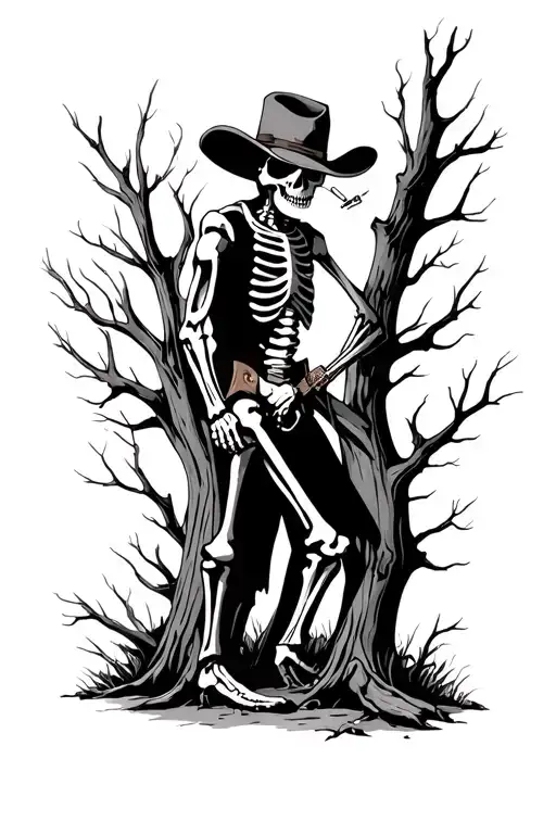 Skeletal Cowboy Walking Towards Through Trees With Head Dipped Whilst Having A Cigarette
