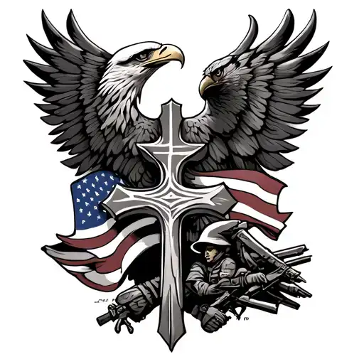Eagle And War And Soldiers Cross And American Flag Intertwined