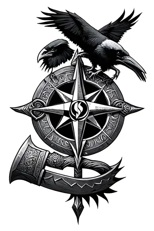 Viking Mythology Full Sleeve Tattoo Featuring Viking Compass Thors Hammer And Odins Ravens