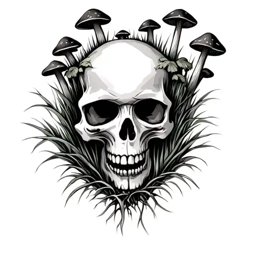 Skull In Grass With Mushrooms Growing Through Skull