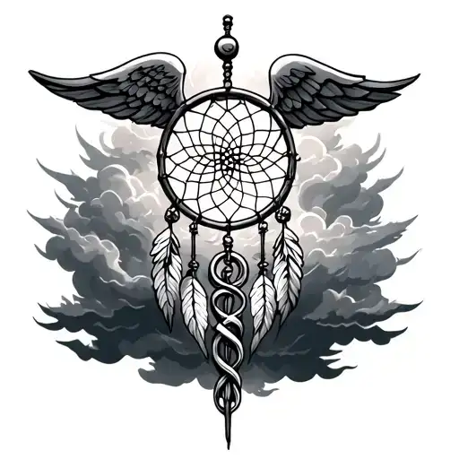 Caduceus And A Dream Catcher In Dark Clouds