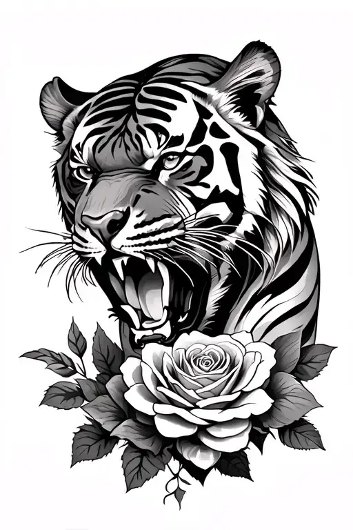 Tiger Roaring With Roses Blooming
