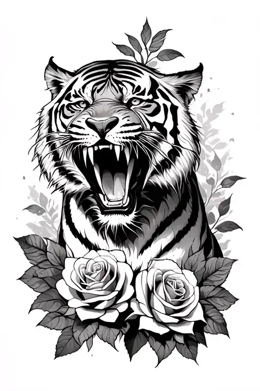 Tiger Roaring With Roses Surrounding
