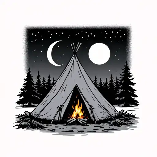 Minimalist Tent With A Campfire And Crescent Moon Surrounded