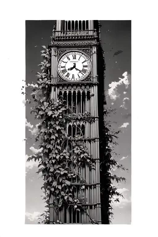 A Tall Clock Tower Overgrown By Vines And Plants Showing The Time Of My Birth