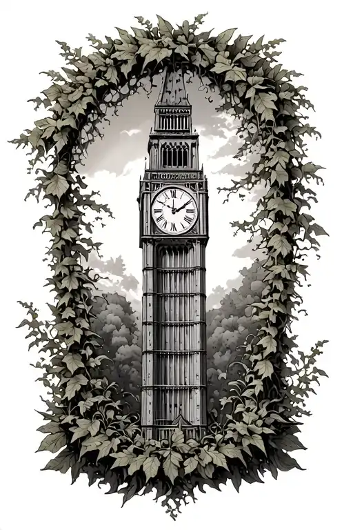 A Tall Clock Tower Overgrown By Vines And Plants Showing The Time Of My Birth Forearm Sleeve