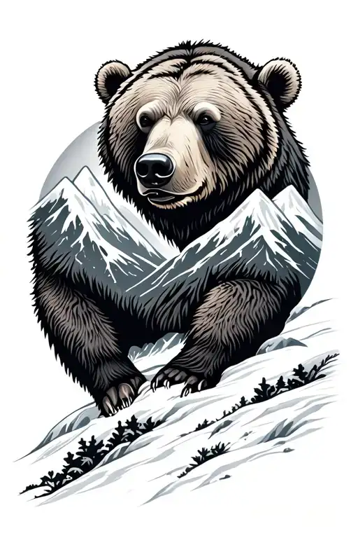 A Nordic-inspired Tattoo Featuring A Grizzly Bear And Mountains In A Black-grey Style