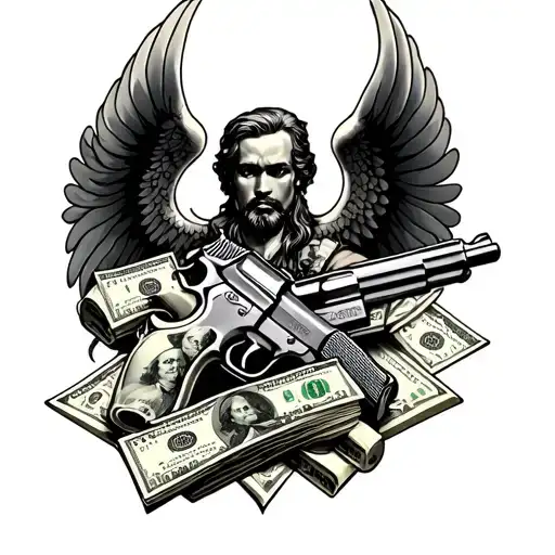 St Michael Tattoo Design Featuring Guns Money Drugs