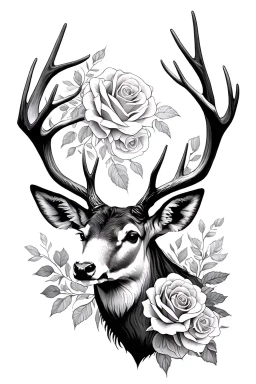 Deer Stag Head Roses Intertwined