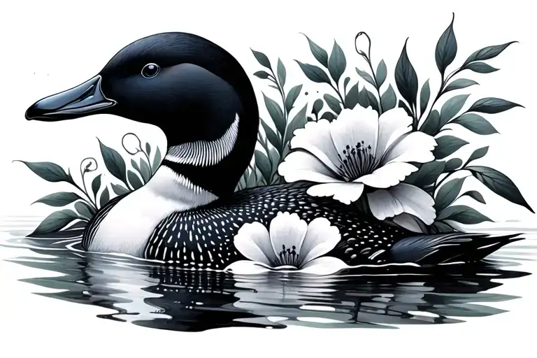 Loon By Flowers In Water